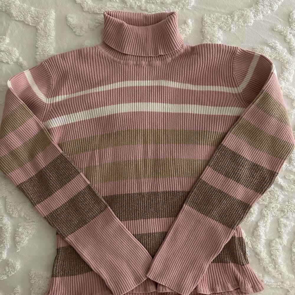 Liz Claiborne Pink and Brown Striped Turtleneck Sweater